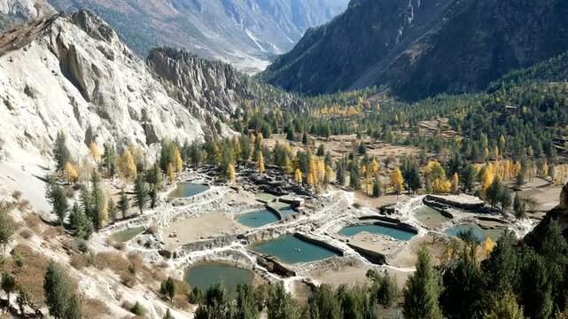Stunning aerial view of the turquoise waters of the ponds in the Yasin Valley, Pakistan, amidst