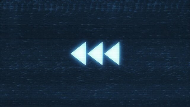 Damaged Cassette Type animation with authentic VHS static and glitch effects. Rewind sign animation. Retro rewind icon animation with a glitchy VHS static background.