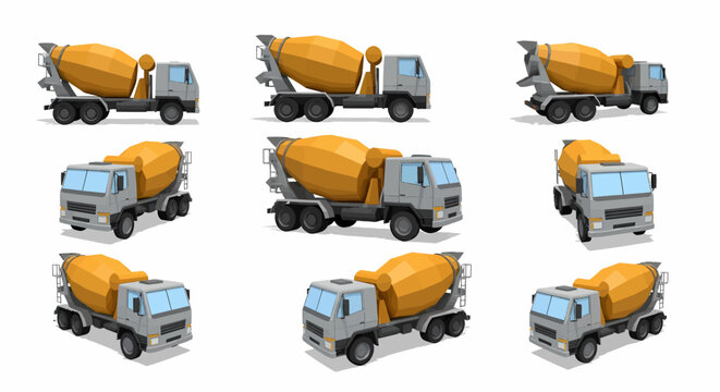 Nine low-poly 3D renderings of cement mixer trucks, various angles.