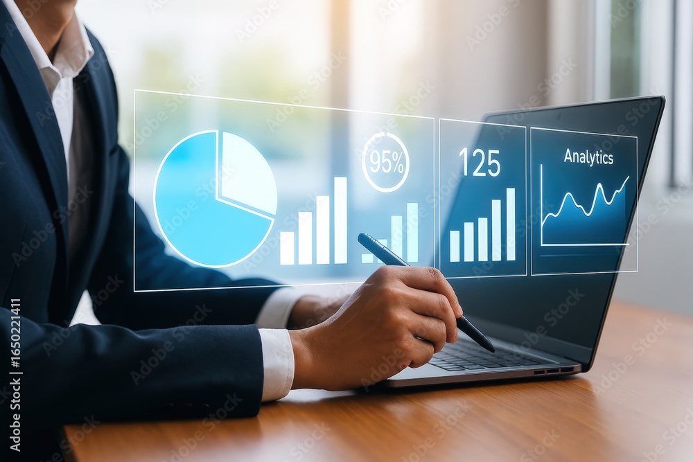 Poster person using a laptop with data visualizations overlaid.