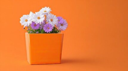 A cute orange pot with a simple shape with small daisies in a simple and clean composition, high saturation and soft light, exuding fresh, natural beauty, elegance and warmth.