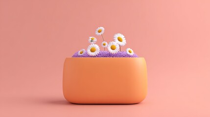 A cute orange pot with a simple shape with small daisies in a simple and clean composition, high saturation and soft light, exuding fresh, natural beauty, elegance and warmth.