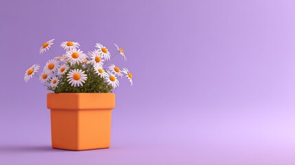 A cute orange pot with a simple shape with small daisies in a simple and clean composition, high saturation and soft light, exuding fresh, natural beauty, elegance and warmth.