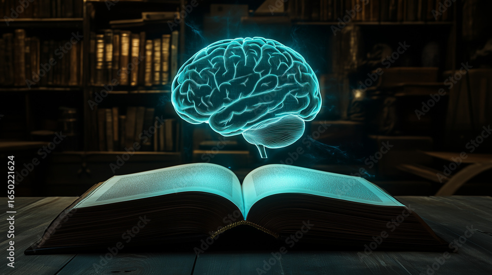 Poster glowing blue human brain floats above an open book in a library setting, symbolizing knowledge and i