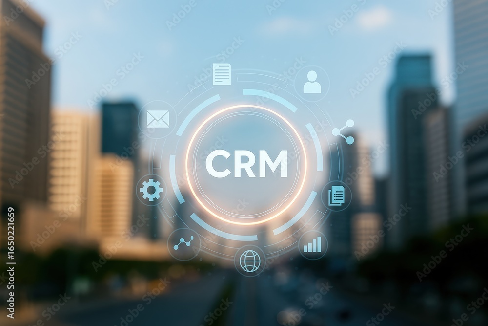 Poster modern crm interface displayed over a cityscape.