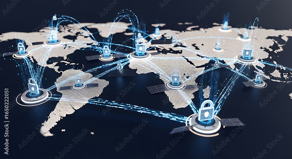 Poster world map with security locks and data connections representing global network security concept ai g