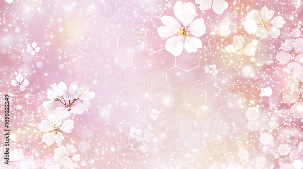 Poster cherry blossoms and sparkling lights create a delicate pink and white background with a hexagonal pa