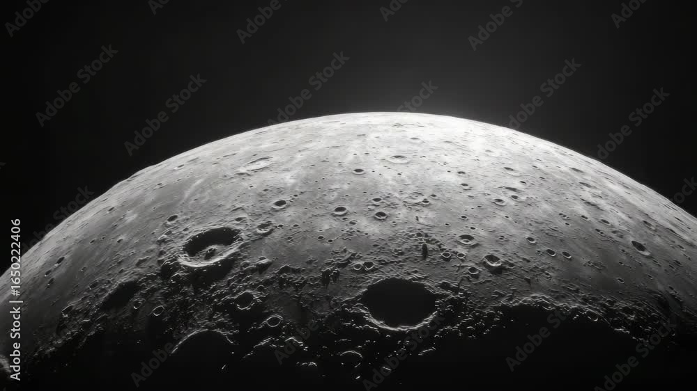 Poster lunar surface with craters and rays of light from sunlight reflecting off.