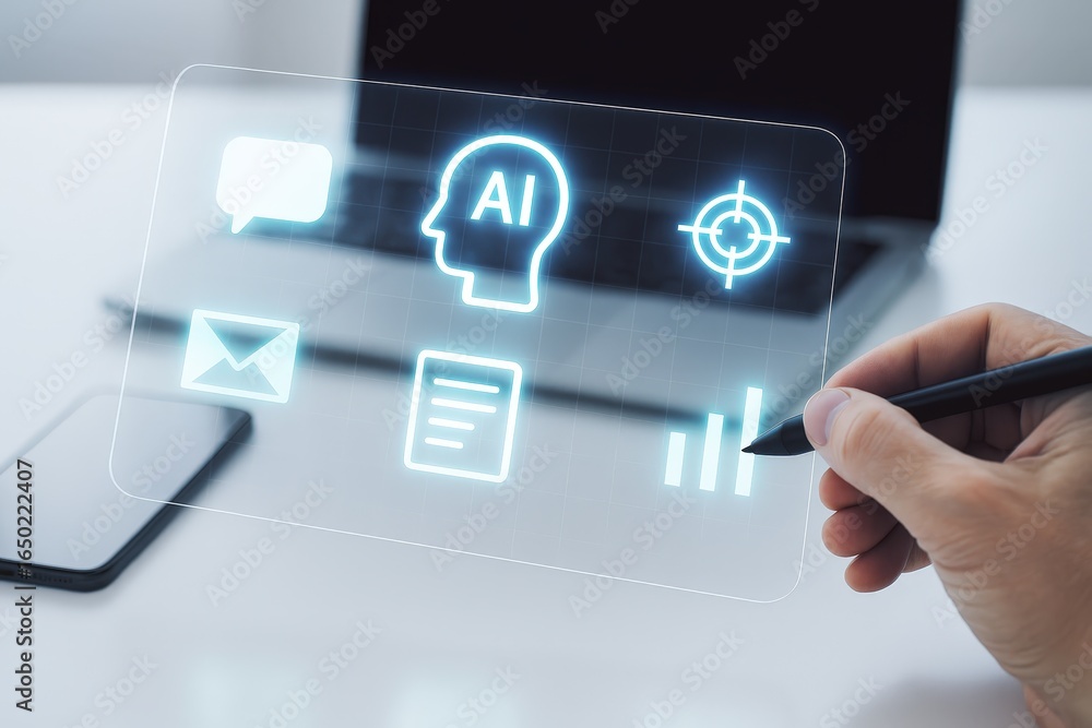 Poster holographic interface with business applications displayed.