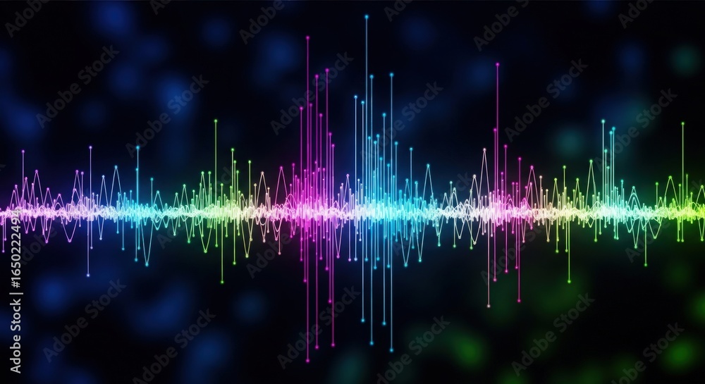 Poster a colorful sound wave spectrum equalizer with vibrant lights, representing music, audio, and frequen
