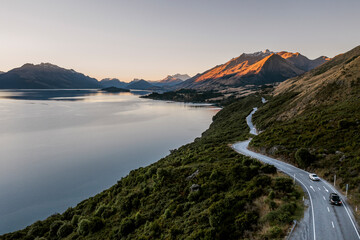 Aerial Drone View Of Scenic Glenorchy Highway Winding Through New Zealand Landscape