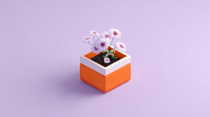 A cute orange pot with a simple shape with small daisies in a simple and clean composition, high saturation and soft light, exuding fresh, natural beauty, elegance and warmth.