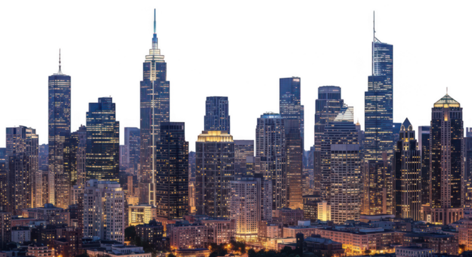 City skyline illuminated at night isolated on transparent background