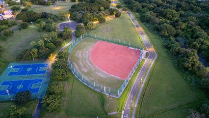 Aerial View of a Baseball Field and Tennis Court in Green Park