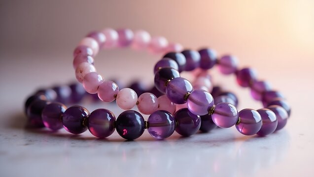 Two amethyst bead bracelets are displayed on a white surface in soft lighting