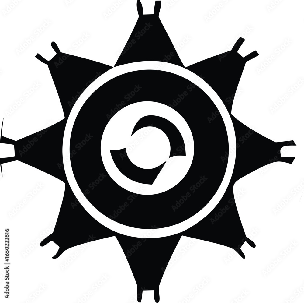 Poster abstract black and white circular symbol featuring a starburst design with inner concentric rings an