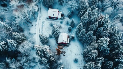 Aerial view of snow covered trees and two houses with red accents in a winter landscape scene