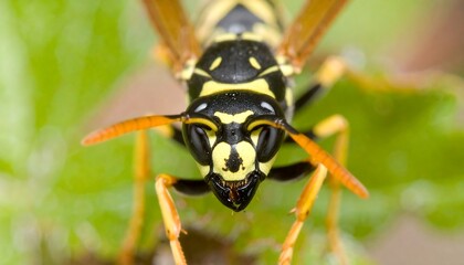 Close-up view of a wasp on a leaf.