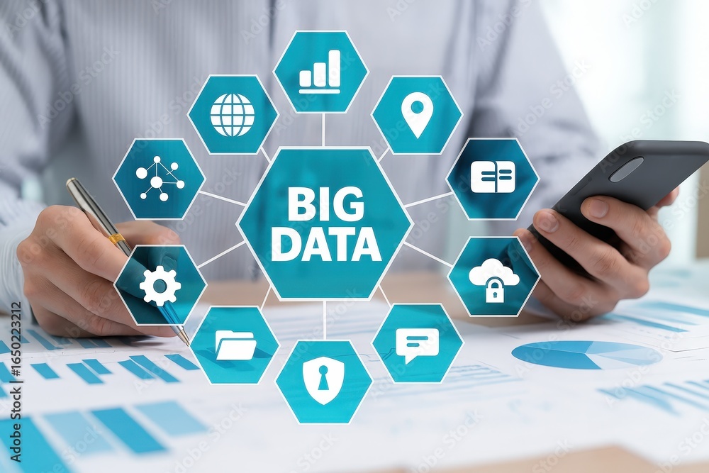 Poster person working with big data concepts displayed on a table.