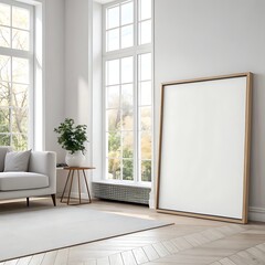 Fototapeta premium Single vertical ISO A0 frame mockup, reflective glass, mockup poster on the wall of living room. Interior mockup. Apartment background. Modern Japandi interior design. 3D render