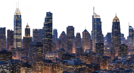 City skyline at night with lights isolated on transparent background