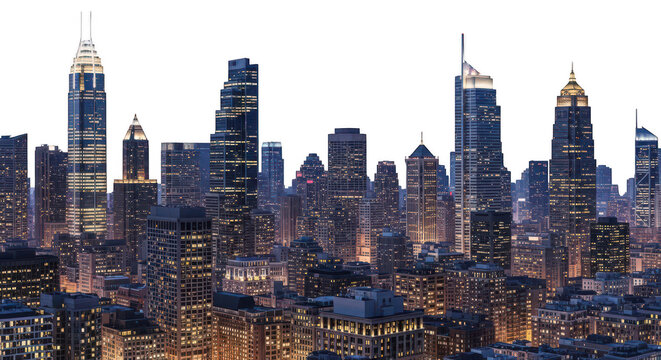 City skyline at night with lights isolated on transparent background
