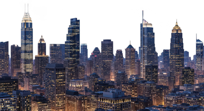 City skyline at night with lights isolated on transparent background
