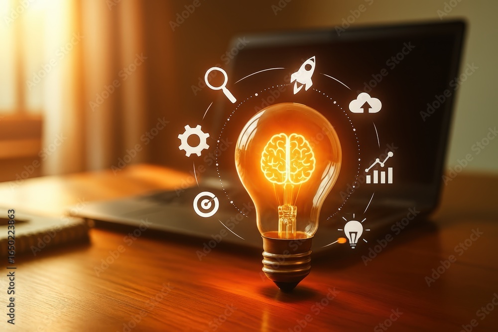 Poster illuminated lightbulb with graphic elements representing innovation.