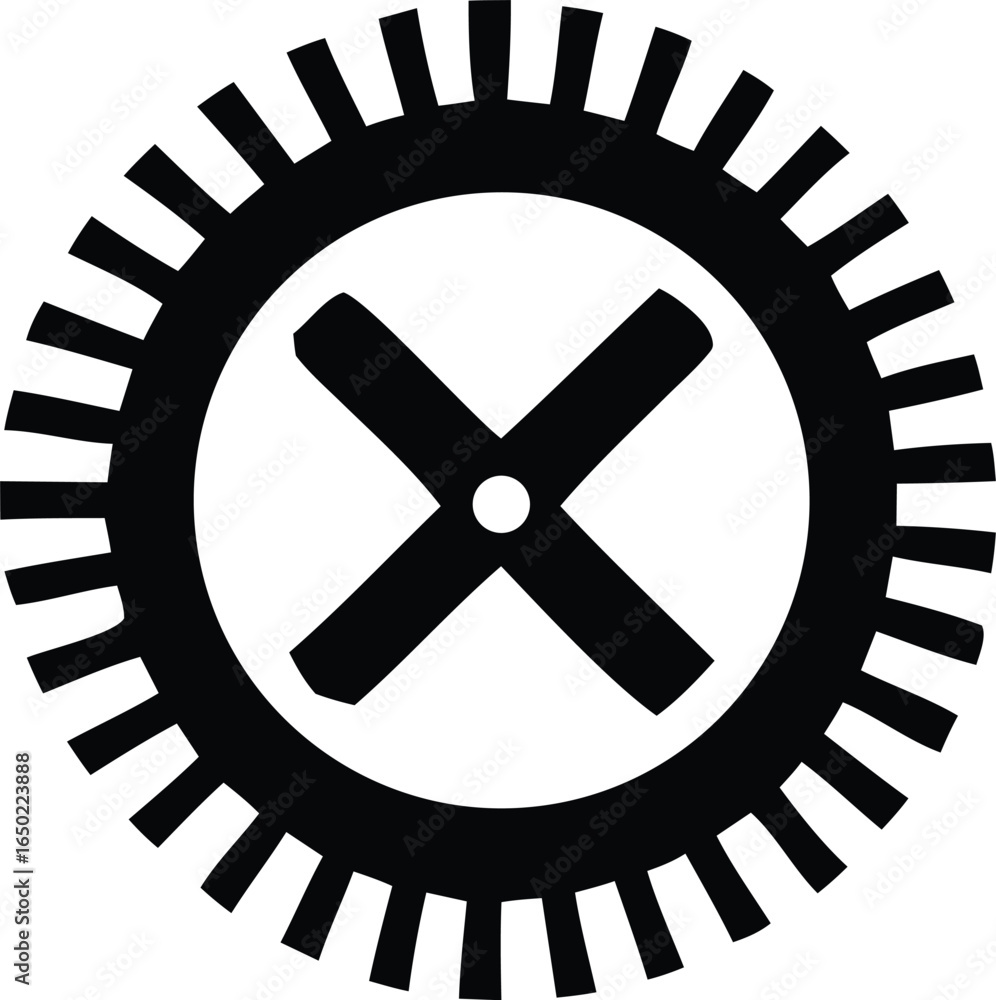 Poster abstract circular emblem featuring a central x shape with jagged outer edges representing a stylized