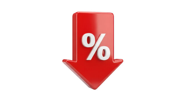 Red arrow with percent symbol isolated on transparent background