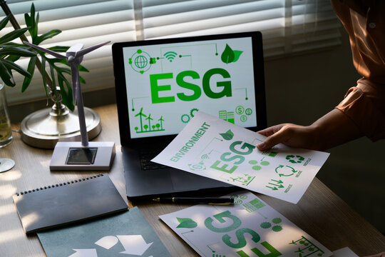 Businesswoman working on ESG project using laptop and documents