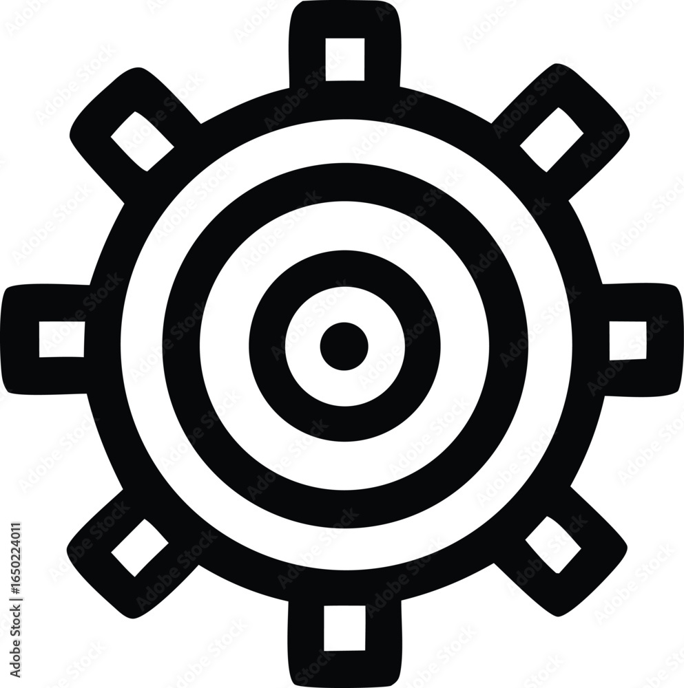 Poster abstract circular symbol with concentric rings and radiating rectangular spokes representing a styli