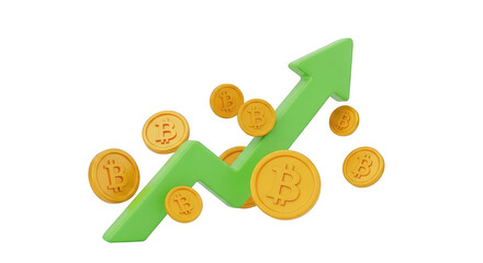 3d bitcoins with an upward arrow isolated on transparent background