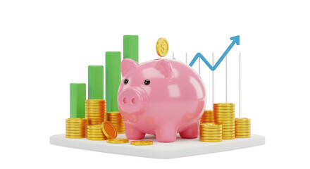 3d piggy bank with coins and graph isolated on transparent background