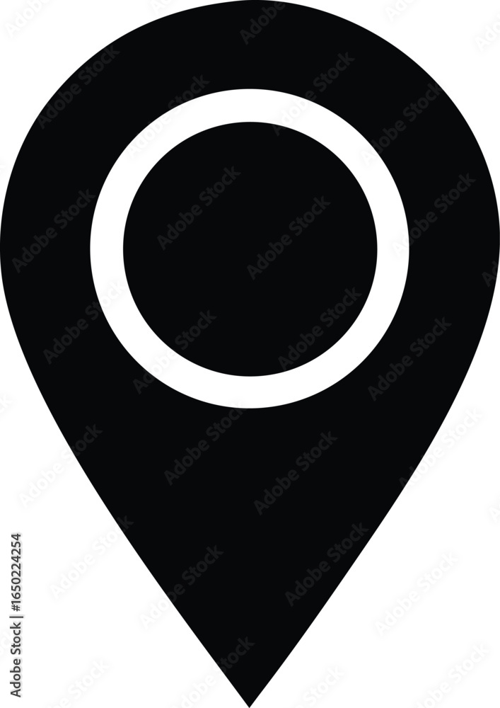 Poster a stark black and white graphic of a classic map pointer icon with a white circle inside the solid b