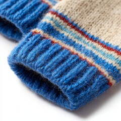 A blue and white striped knit glove