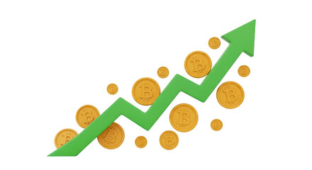 3d Bitcoin growth with green arrow isolated on transparent background