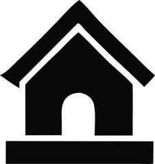 Simple black silhouette of a house with a gable roof and arched doorway on a white background