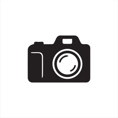 Camera icon in black silhouette style on white background. Simple vector illustration of a digital camera symbol, perfect for photography logo, app, website, or user interface design