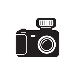 Camera icon in black silhouette style on white background. Simple vector illustration of a digital camera symbol, perfect for photography logo, app, website, or user interface design