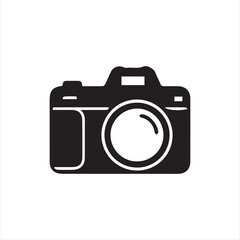 Camera icon in black silhouette style on white background. Simple vector illustration of a digital camera symbol, perfect for photography logo, app, website, or user interface design