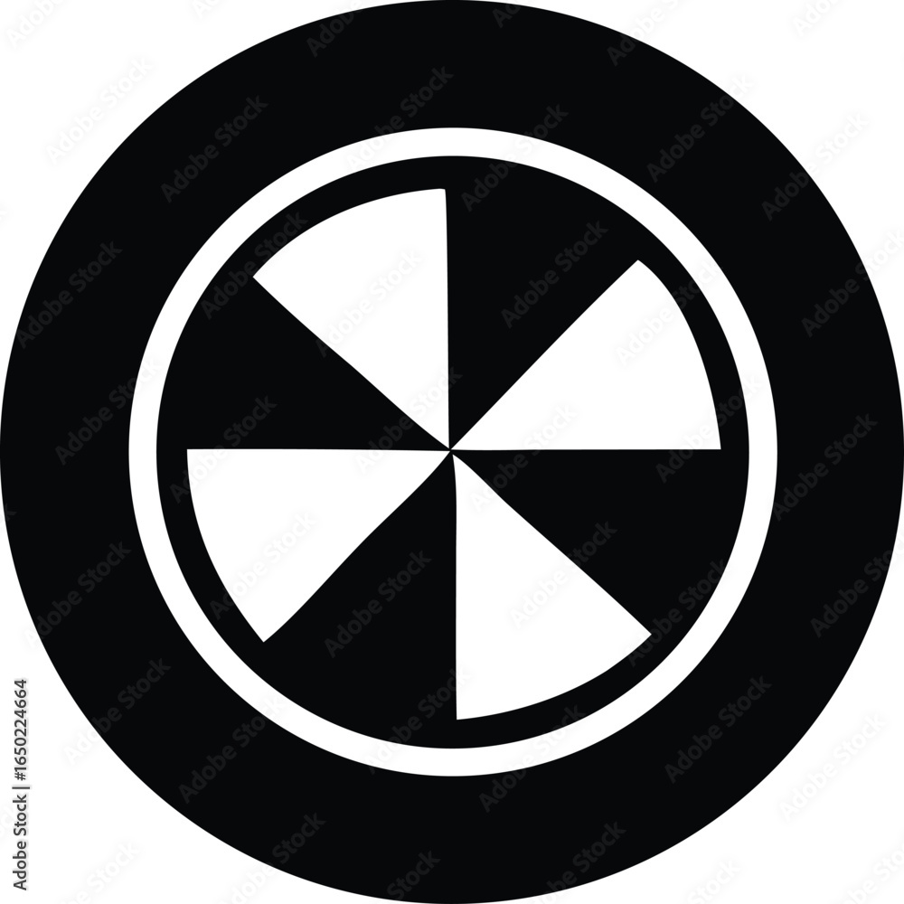 Poster a stark black and white circular graphic featuring a segmented inner circle with alternating dark an