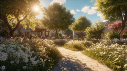 Fototapeta premium Sunny Garden Path with Blooming Flowers and Trees in a Peaceful Residential Courtyard