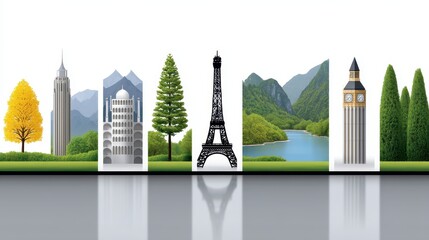 An artistic landscape featuring iconic landmarks and nature elements, showcasing global diversity.