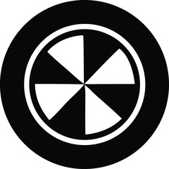 A stark black and white circular graphic featuring a segmented inner circle with alternating dark and light triangular shapes