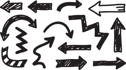 Set of diverse handdrawn arrows and directional symbols isolated on white background