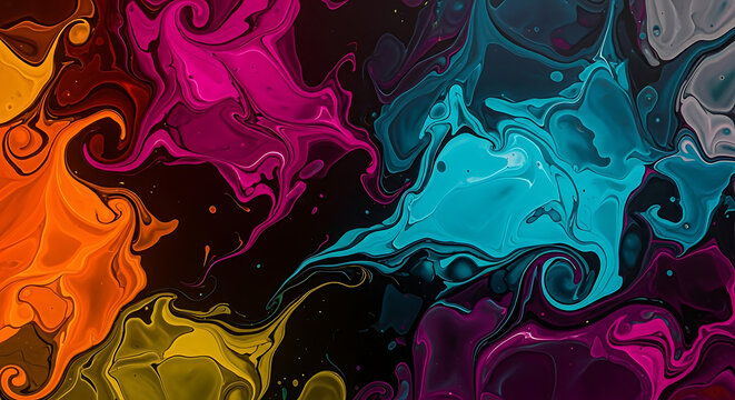 A vibrant abstract painting featuring swirling patterns of orange pink blue yellow and gray colors on black ai generated