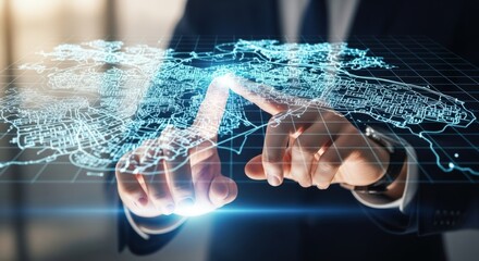 A businessman interacting with a digital world map hologram, representing global business, technology, and international connections in a modern setting