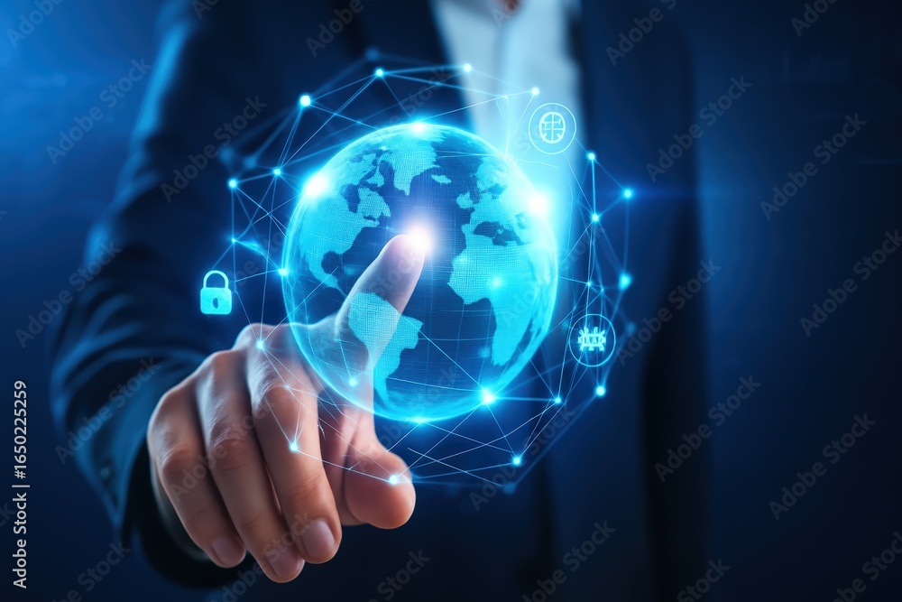 Poster a person interacts with a digital representation of earth with network connections.