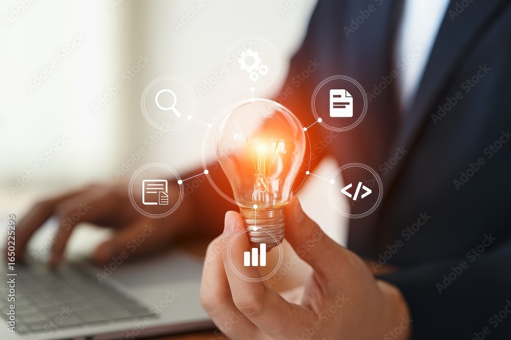 Poster illuminated lightbulb with digital interface, representing innovation.